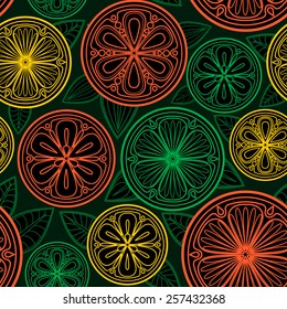 Seamless pattern of oranges, lemons and limes. Citrus slices in the vector. 