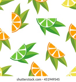 Seamless pattern with oranges, lemons, limes slice with leaves.