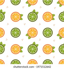Seamless pattern with oranges and limes. Fruit background. Vector flat illustration