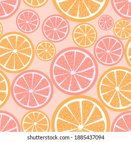 Patrón sin foco con naranjas, mandarinas y toronjas. Cítricos de verano de fondo repetitivo con rodajas de frutas.