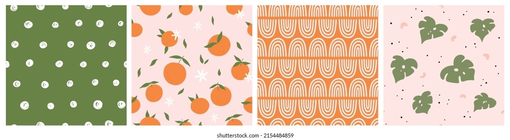 Seamless pattern with oranges, monstera leaves and abstract elements. Vector backgrounds with hand drawn fruits, plants, rainbows, dots. Creative texture for fabric, textile