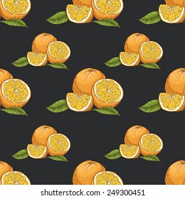 Seamless pattern with oranges on dark background. Vector illustration for your design
