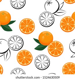 Seamless pattern with oranges on white background. Vector illustration of orange citrus and green leaves in cartoon simple flat style. Vector outline and silhouette contour image.