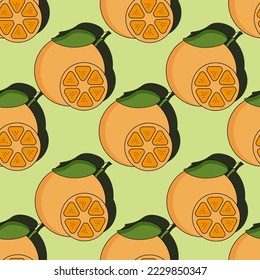 Seamless pattern with oranges, Orange with green leaf, Citrus background, Set pf tropical fruits on greenbackdrop