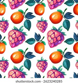 Seamless Pattern with Oranges and Raspberries. Cartoon Orange and Raspberry Fruit Vector Background