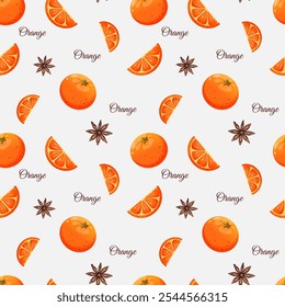 Seamless pattern with oranges, slices and star anise on white background. Christmas winter spice and citrus. Vector illustration for cards, prints, textiles and your designs