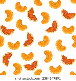 Seamless pattern of oranges, tangerine fruits, and vegetables. Creative texture for fabric, packaging, textiles, wallpaper, and clothing. Vector illustration for kids. Cute fruit background.