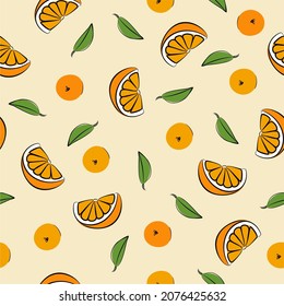 Seamless pattern with oranges and tangerines. Cute colorful citrus fruits in doodle style. Vector illustration