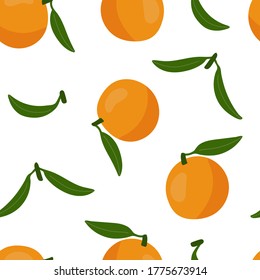 Seamless pattern with oranges, tangerines, green leaves. Repeating endless elements. Juicy and tasty fruits for a summer print. Background for textiles, packaging, postcards, etc.