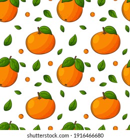 Seamless pattern with oranges, tangerines and leaves. Bright, juicy, summery, fruity pattern. Colored elements in a linear style are isolated. For the design of summer clothing and food packaging.