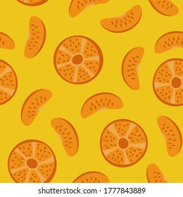 Seamless pattern with oranges and tangerines on a yellow background. Repeating endless elements. Juicy and tasty fruits for a summer print. Background for textiles, packaging, postcards, etc.