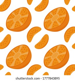 Seamless pattern with oranges and tangerines. Repeating endless elements. Juicy and tasty fruits for a summer print. Background for textiles, packaging, postcards, etc. Bright colorful illustration.
