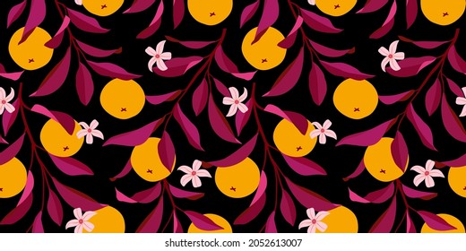 Seamless pattern with oranges. Trendy summer background. Vector bright print for fabric or wallpaper.