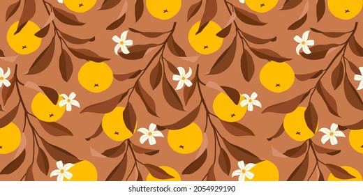 Patrón sin foco con naranjas. Fondo veraniego de moda. Impresión vectorial brillante para tela o papel pintado.