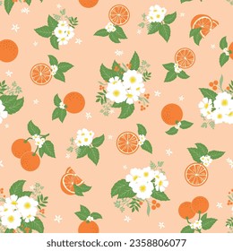 Seamless pattern of oranges with a variety of oranges, orange slices and tree blossoms on a light orange background