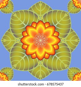 Seamless pattern. Orange-yellow flowers with green leaves. Blue background.