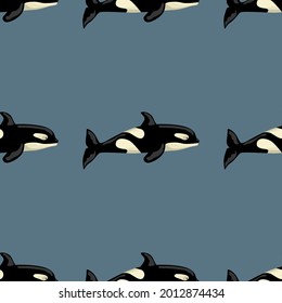 Seamless pattern Orca on blue - green background. Template of cartoon character of ocean for children. Repeated geometrical texture with marine cetacean. Design for any purposes. Vector illustration.