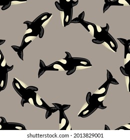 Seamless pattern Orca on brown background. Template of cartoon character of ocean for children. Repeated diagonal texture with marine cetacean. Design for any purposes. Vector illustration.