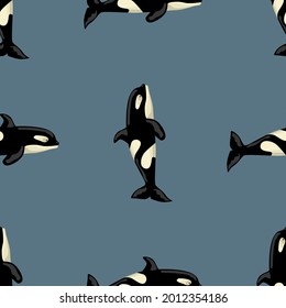 Seamless pattern Orca on dark blue background. Template of cartoon character of ocean for children. Repeated texture with marine cetacean. Design for any purposes. Vector illustration.