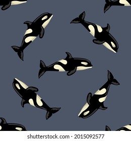 Seamless pattern Orca on dark background. Template of cartoon character of ocean for children. Repeated diagonal texture with marine cetacean. Design for any purposes. Vector illustration.