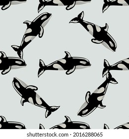 Seamless pattern Orca on gray background. Template of cartoon character of ocean for children. Repeated diagonal texture with marine cetacean. Design for any purposes. Vector illustration.