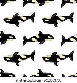 Seamless pattern Orca on white background. Template of cartoon character of ocean for children. Repeated geometrical inverted texture with marine cetacean. Design for any purposes. Vector illustration