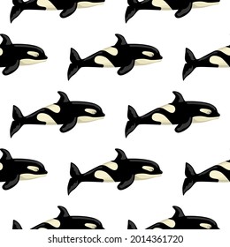 Seamless pattern Orca on white background. Template of cartoon character of ocean for children. Repeated geometrical texture with marine cetacean. Design for any purposes. Vector illustration.