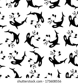 Seamless pattern with orcas and pandas