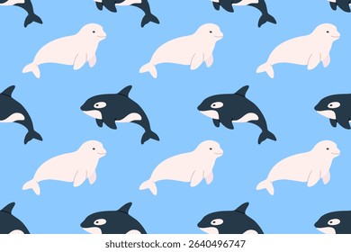 Seamless pattern with orcas and white seals on blue background. Perfect for polar animal themes, marine life and kids design