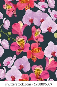 Seamless pattern of Orchid and Alstroemeria flower background template. Vector set of floral element for wedding invitations, greeting card, brochure, banners and fashion design.