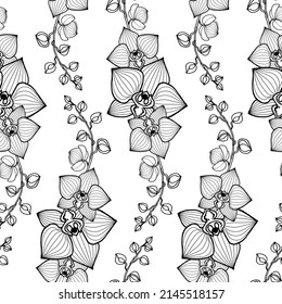 Nahtloses Muster mit orchiden Ästen, Blumen, Knospen, senkrechten linearen Ornamenten mit schwarzem Umriss. Vektorgrafik für festliches Design, Verpackung, Tapete, Stoff, Schreibwaren, Accessoires.