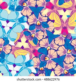 Seamless pattern with Orchid deuterium continuous blue, yellow vector illustration
