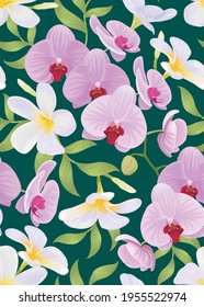Seamless pattern of orchid flower and plumeria background template. Vector set of floral element for wedding invitations, greeting card, brochure, banners and fashion design.