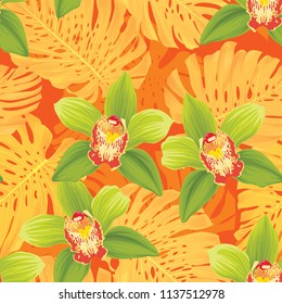 Seamless pattern of orchid flower and tropical leaves on orange leaf background. Vector set of exotic tropical garden for holiday invitations, greeting card and fashion design.
