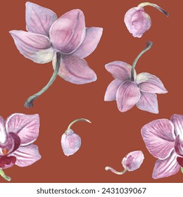 Seamless pattern. Orchid flower. Vector illustration in watercolor style. Design for textile, wallpapers, Element for design, Greeting card. 
