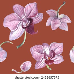 Seamless pattern. Orchid flower. Vector illustration in watercolor style. Design for textile, wallpapers, Element for design, Greeting card. 
