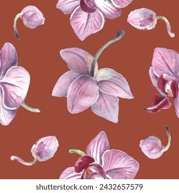 Seamless pattern. Orchid flower. Vector illustration in watercolor style. Design for textile, wallpapers, Element for design, Greeting card. 
