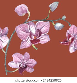 Seamless pattern. Orchid flower. Vector illustration in watercolor style. Design for textile, wallpapers, Element for design, Greeting card. 