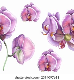 Seamless pattern. Orchid flower watercolor illustration. Print for greeting card, wallpaper, fabric, wrapping paper, banner. Vector illustration in a watercolor style.
