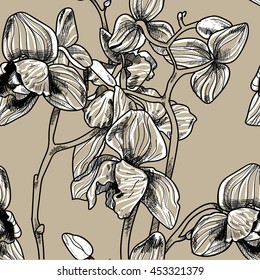 
Seamless pattern with orchid flowers . Drawing by hand in the style of vintage