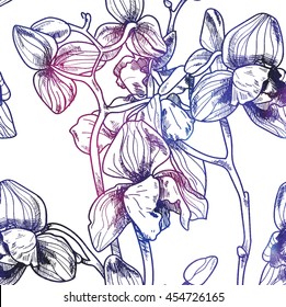Seamless pattern with orchid flowers . Drawing by hand in the style of vintage