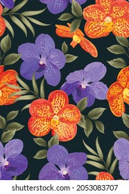Seamless pattern of Orchid flowers with leaf background template. Vector set of floral element for tropical print, wedding invitations, greeting card, brochure, banners and fashion design.
