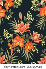 Seamless pattern of Orchid flowers and lily with leaf background template. Vector set of floral element for tropical print, wedding invitations, greeting card, brochure, banners and fashion design.