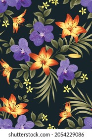 Patrón sin foco de flores Orquídeas y lirio con plantilla de fondo de hoja. Conjunto vectorial de elementos florales para impresión tropical, invitaciones a bodas, tarjeta de saludo, folleto, banners y diseño de moda.