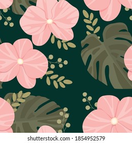 Nahtloses Muster mit orchiden Blumen und Monstera-Blättern auf dunklem Hintergrund. Tropischer Hintergrund. Vektorgrafik. handgezeichnet