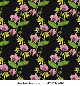 Seamless pattern with orchid flowers, nature floral background, stock vector illustration.
