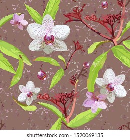 Seamless pattern with orchid flowers on a brown background. Vector with plant elements, leaves, stems, branches, buds scattered randomly. For fabrics, wallpaper, bedding.