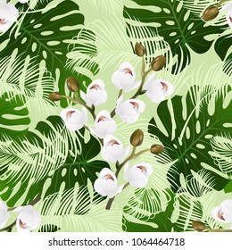 Seamless pattern with orchid flowers, palm and monstera leaves on light green background, seamless texture for print design.