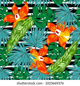 Patrón sin foco con flores de orquídea, palma tropical y hojas de monstera sobre fondo rayado blanco y negro. Se puede usar para forrar textiles, papel, estampado de ropa. Ilustración vectorial en estilo moderno