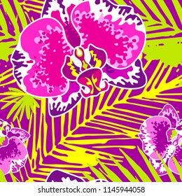 Seamless pattern with orchid and palm leaves. Colorful floral background. Summer textile print
